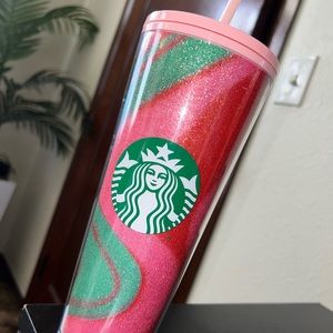 Holiday Swirl Pink Green Red Sparkly Glitter Starbucks Cup